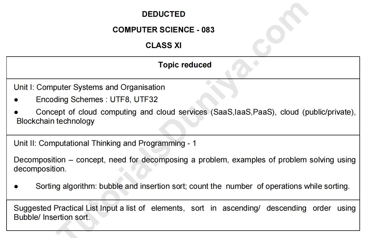 cbse computer science deleted syllabus class 11